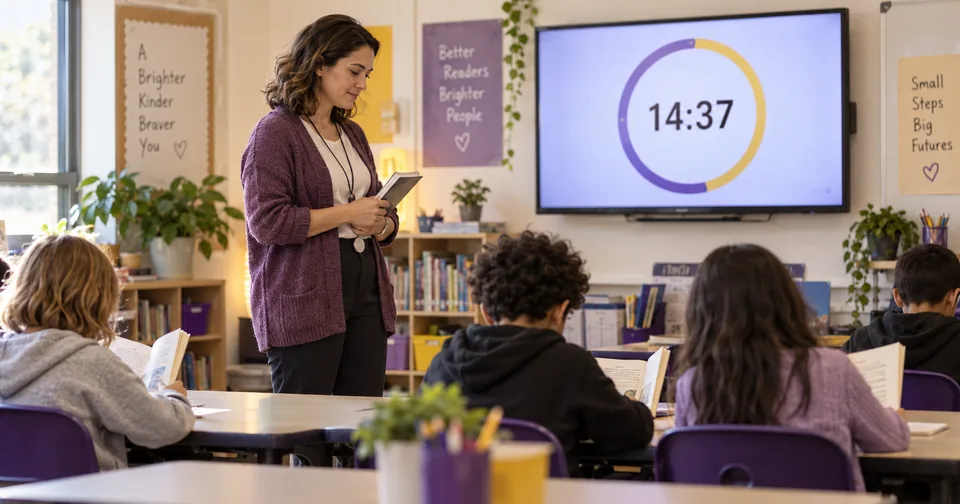 Teacher standing beside a classroom timer while students read at their desks