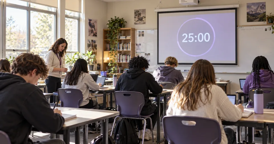 Students working in a classroom with a shared timer projected at the front