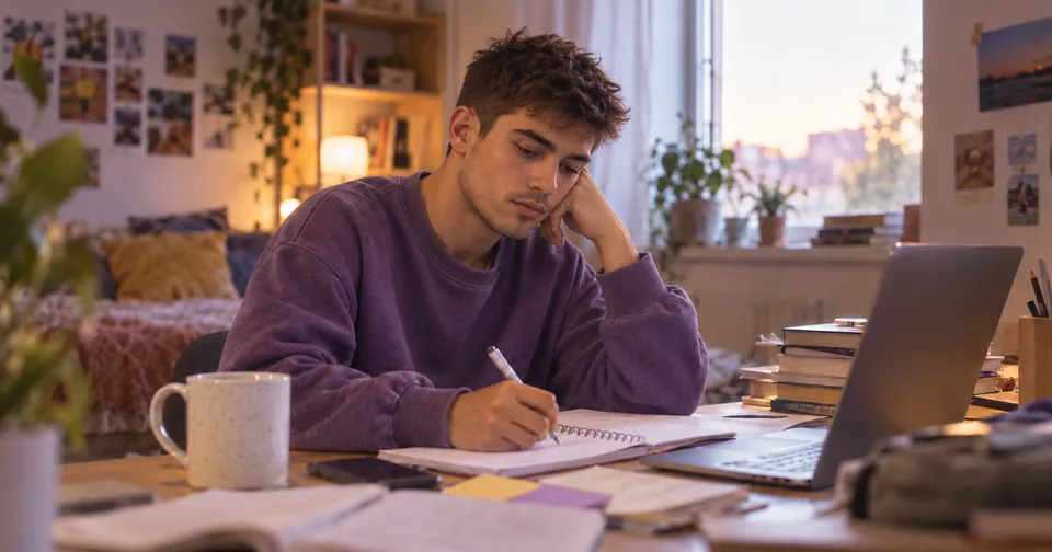Male student writing in a notebook beside a laptop at home