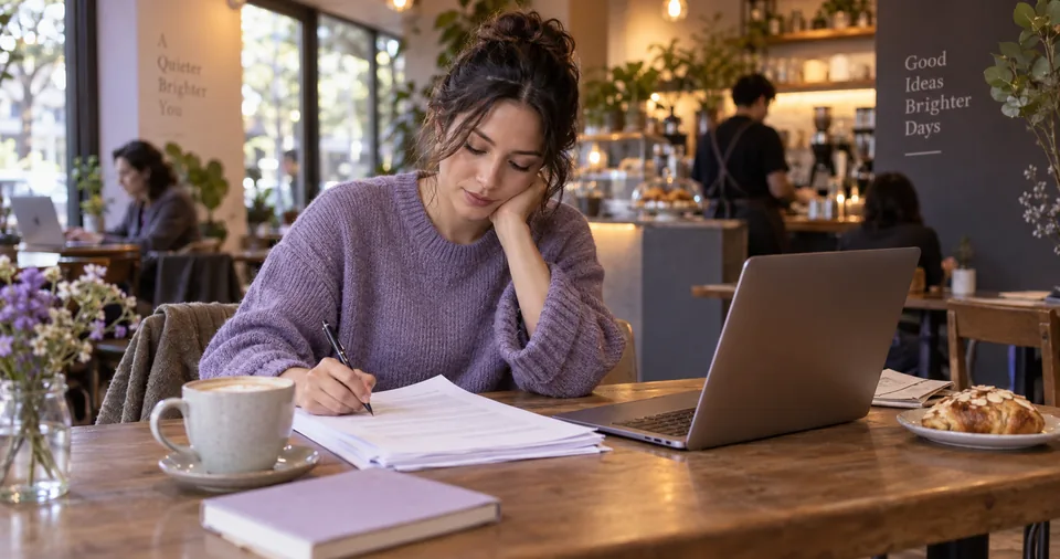 Freelance writer reviewing pages beside a laptop in a cafe