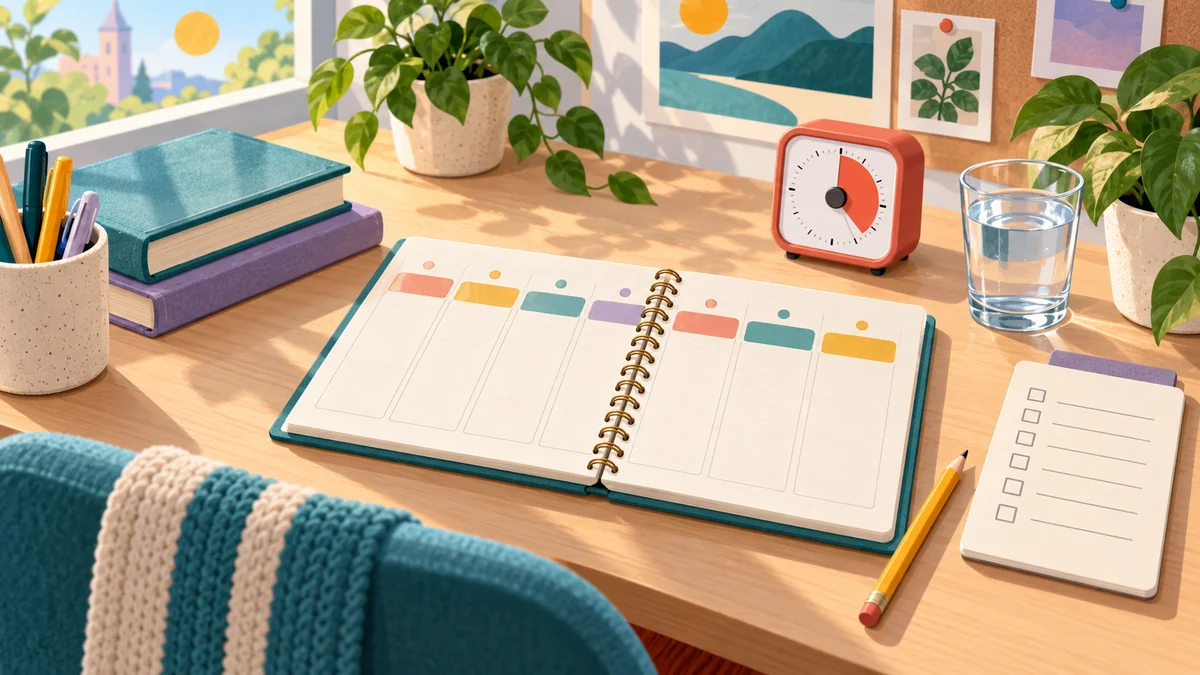 A calm exam-week study desk with a weekly plan, books, a timer, water, and plants