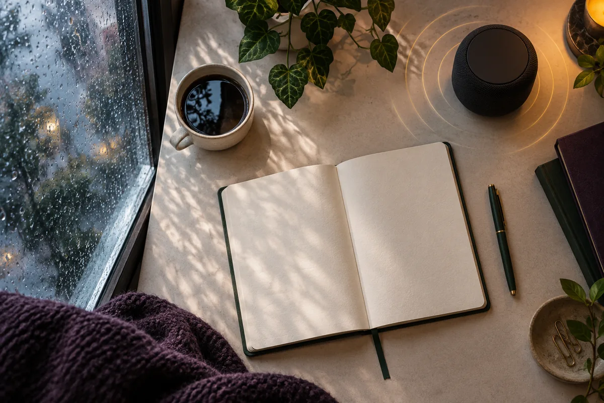 An open notebook beside a rain-covered window, with a small black speaker surrounded by soft rings of light.