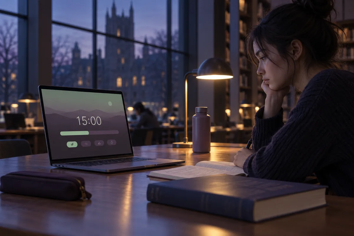 A student writing in a quiet evening library beside a laptop displaying a 15-minute focus timer.