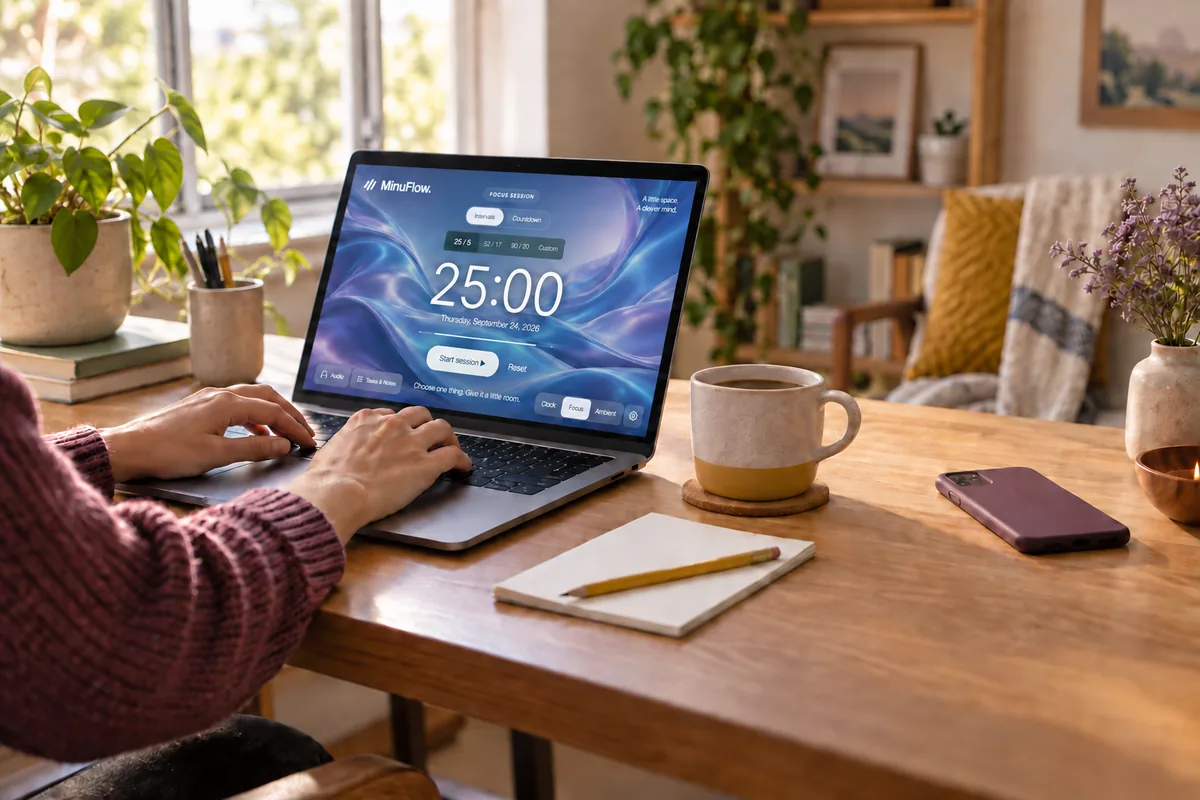 A focused home-office desk with a phone face down and a blank note beside an open laptop.