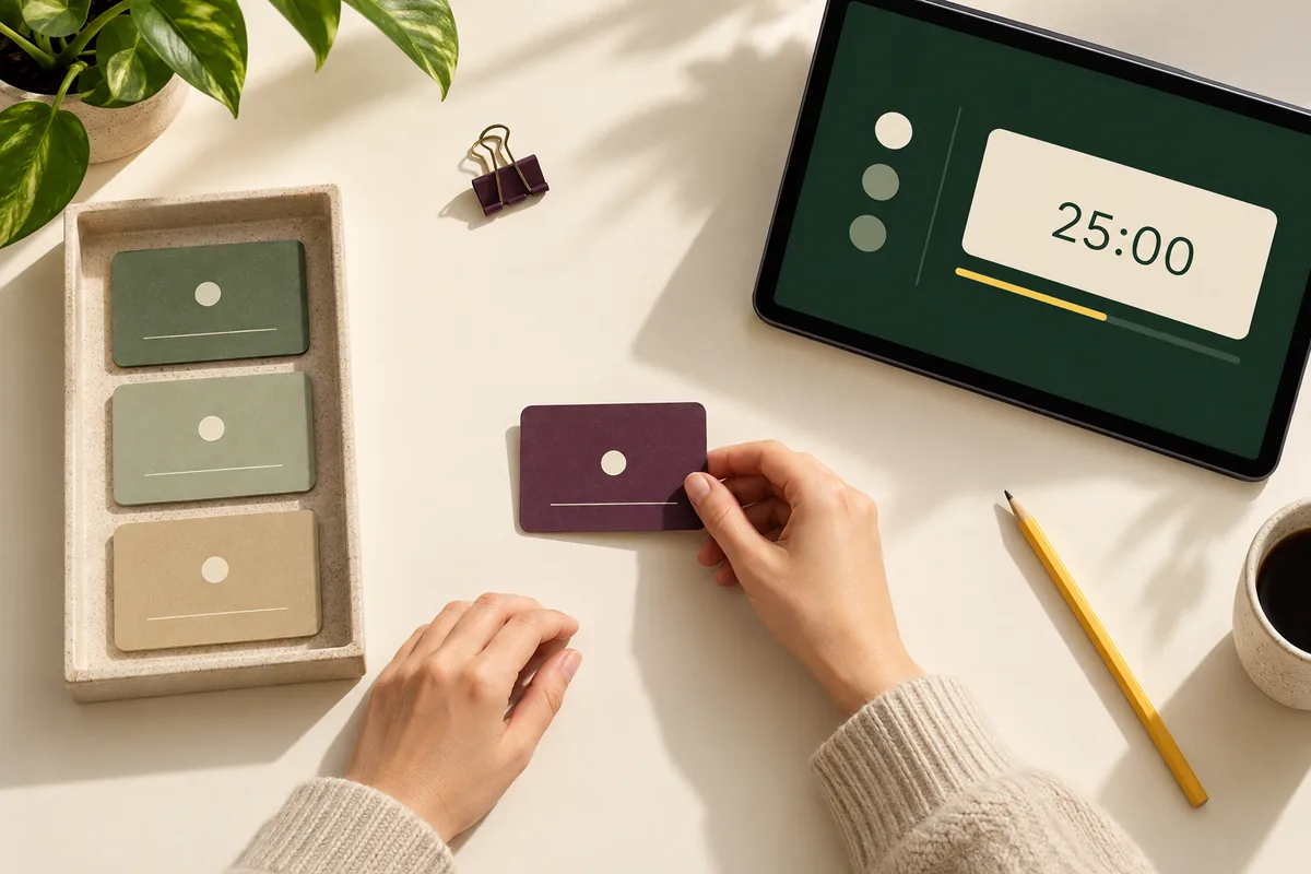 Hands selecting one plum task card beside a tablet displaying a 25-minute focus timer.