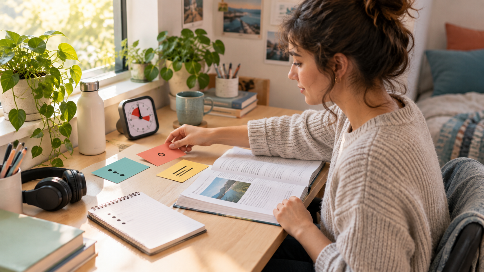 A student uses color-coded task cards, a timer, and a notebook to make a study plan visible