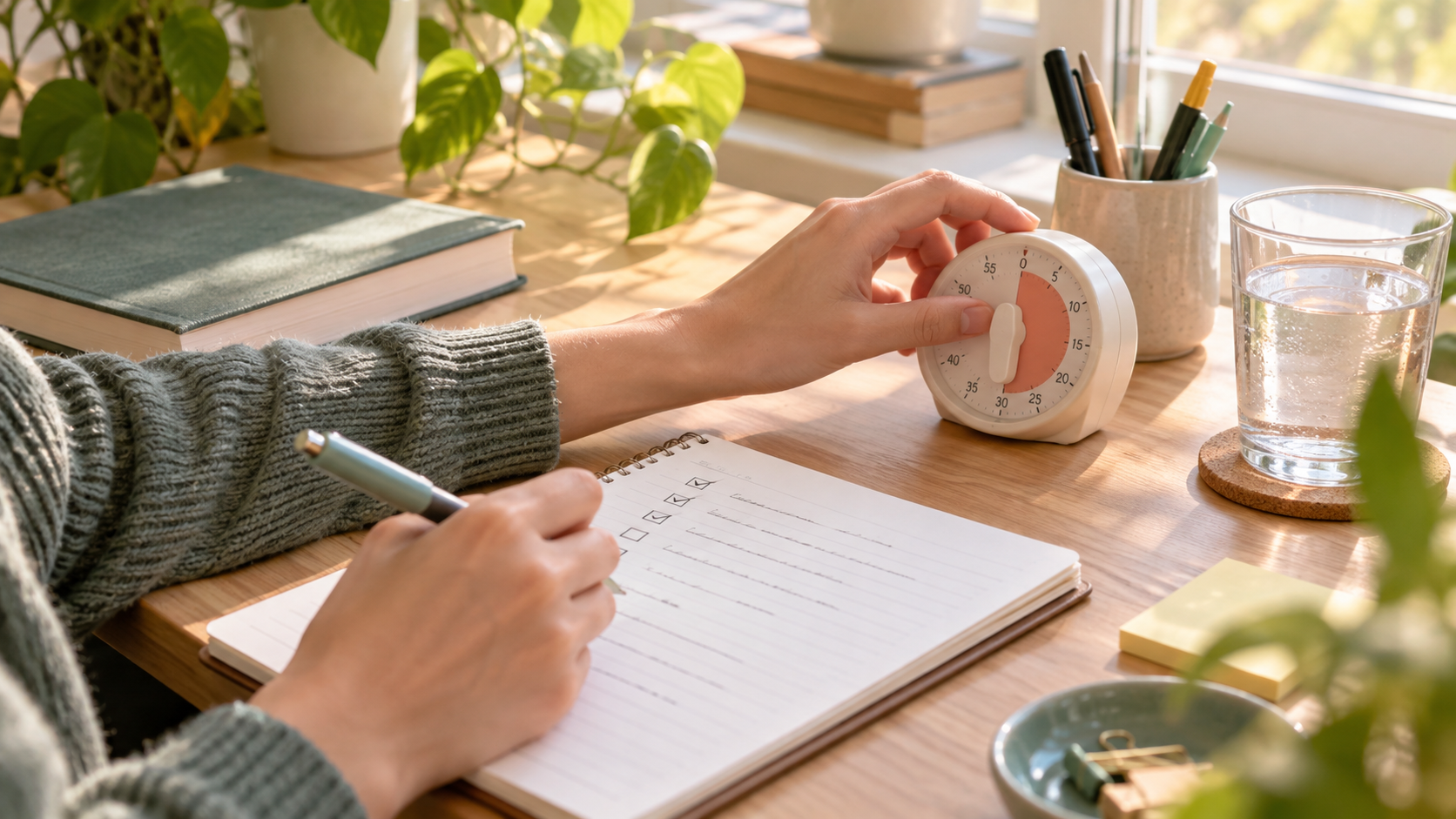 A student adjusts an analog timer beside a notebook and glass of water