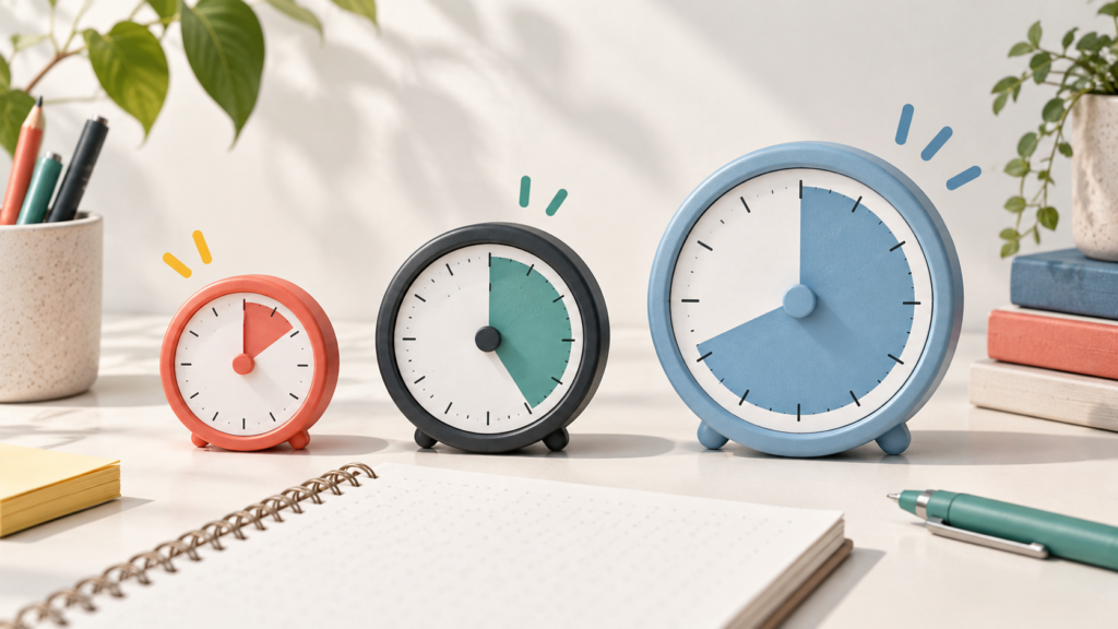 Three study timers representing short, medium, and long focus rhythms