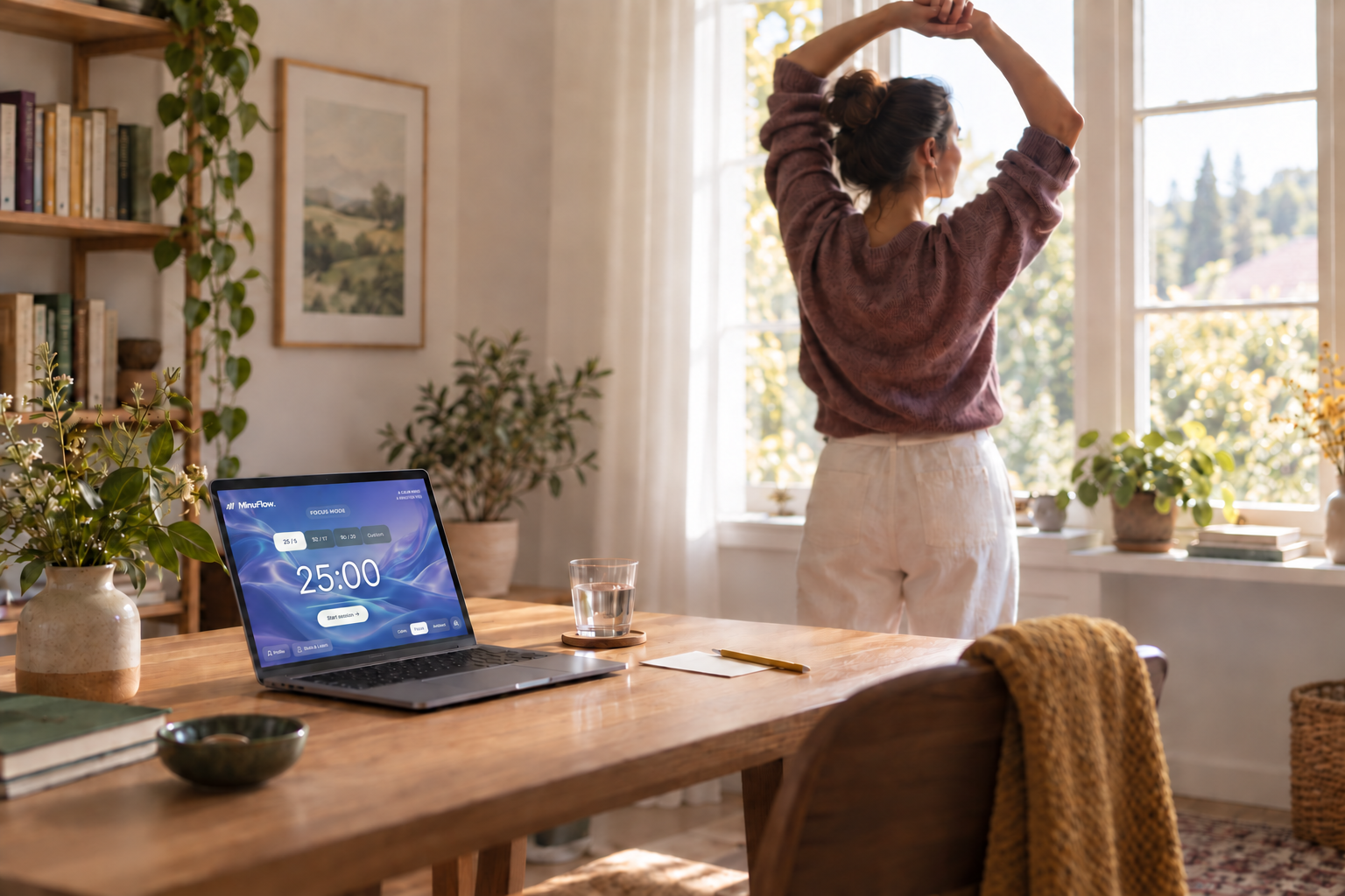 A person stretching by a window while a blank note and glass of water remain beside a laptop.