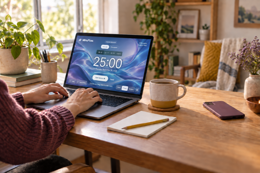 A focused home-office desk with a phone face down and a blank note beside an open laptop.