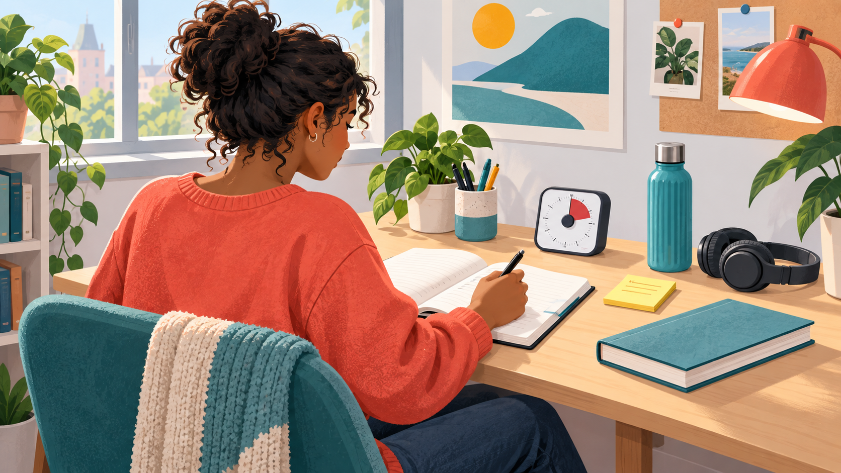 A student using a timer, notebook, and distraction note in a calm study space