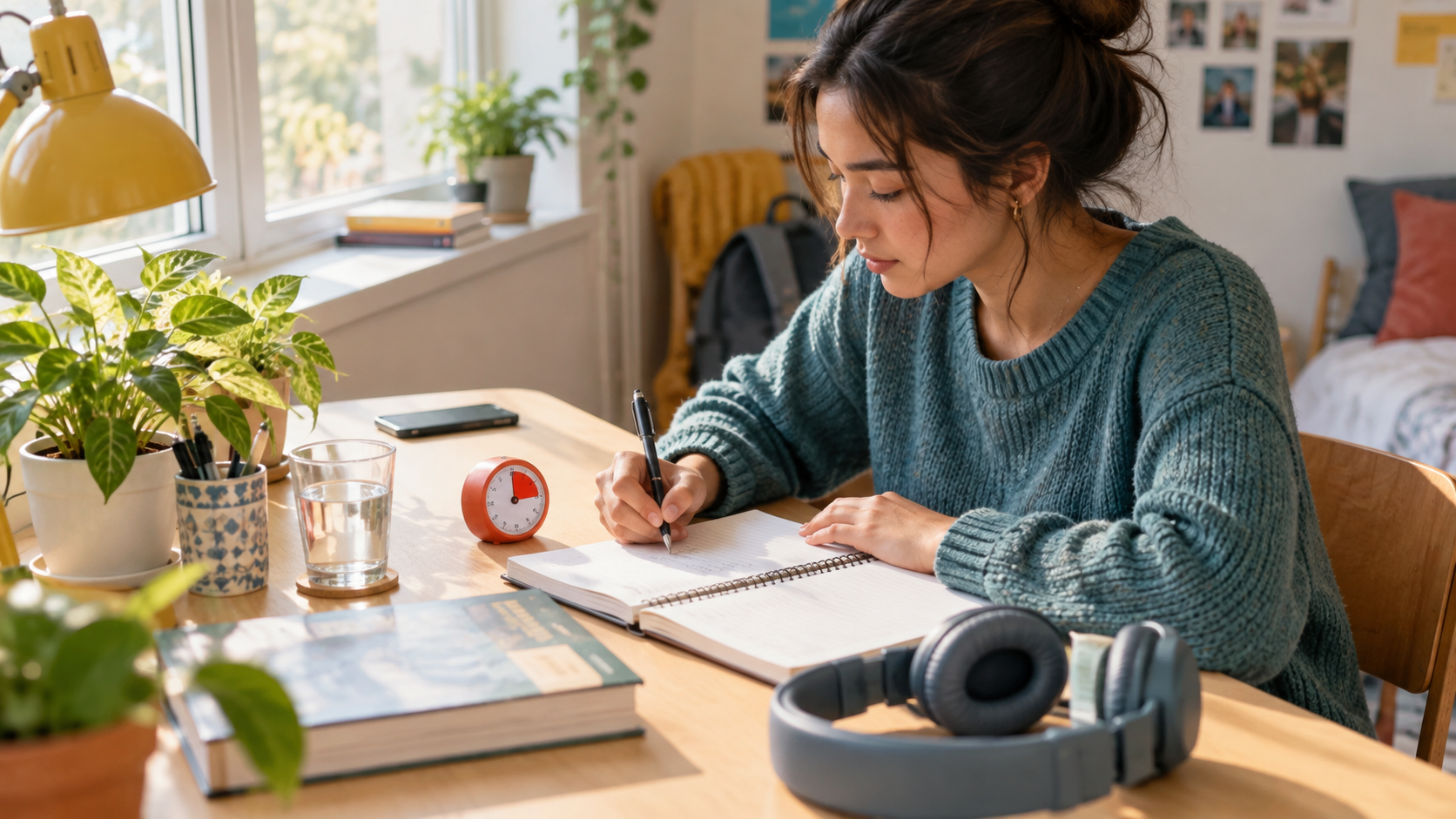 A student begins a study session with a timer, notebook, and phone set aside