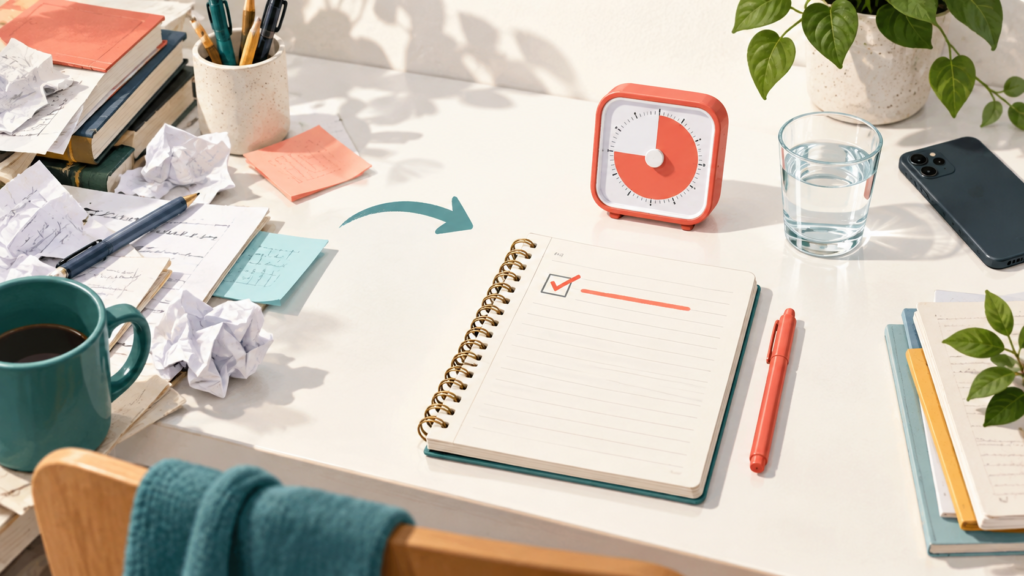 A study desk moving from scattered notes to one clear task and a timer