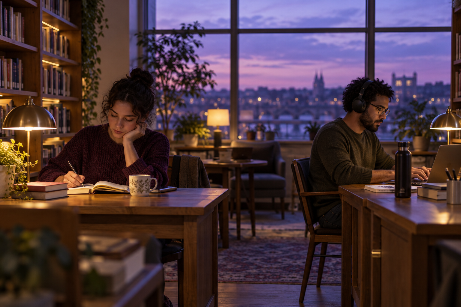 Two adults working quietly at separate desks in a warm library at dusk