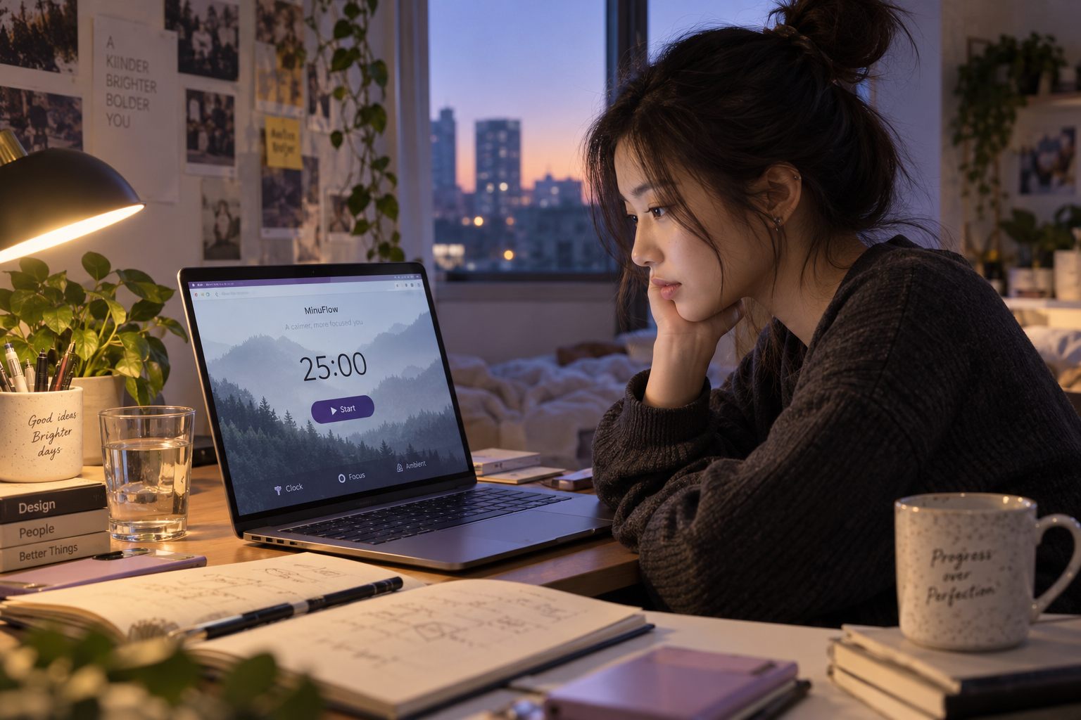 A young East Asian woman using a calm focus timer while working at her desk