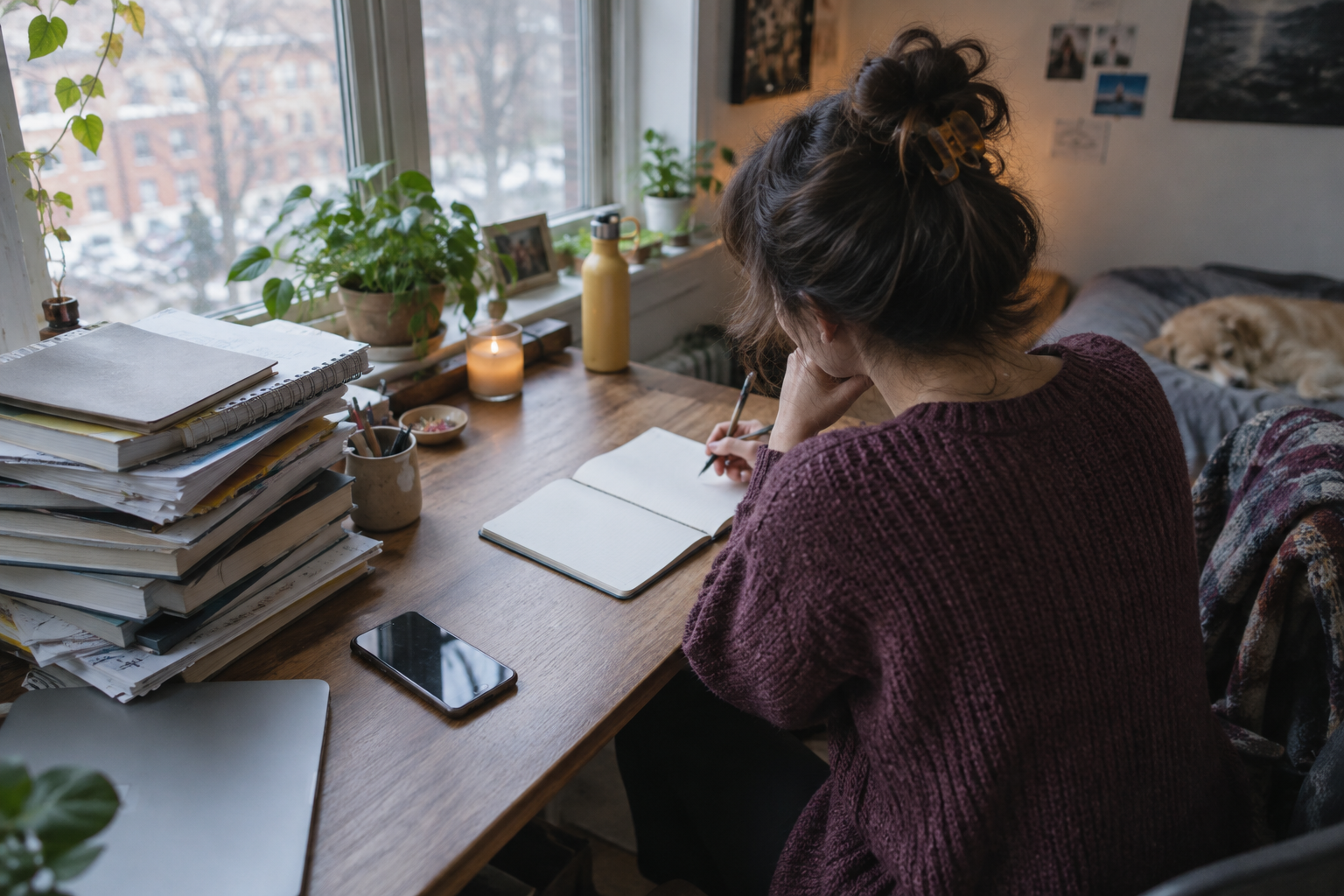 A person clearing a crowded desk to begin with one open notebook