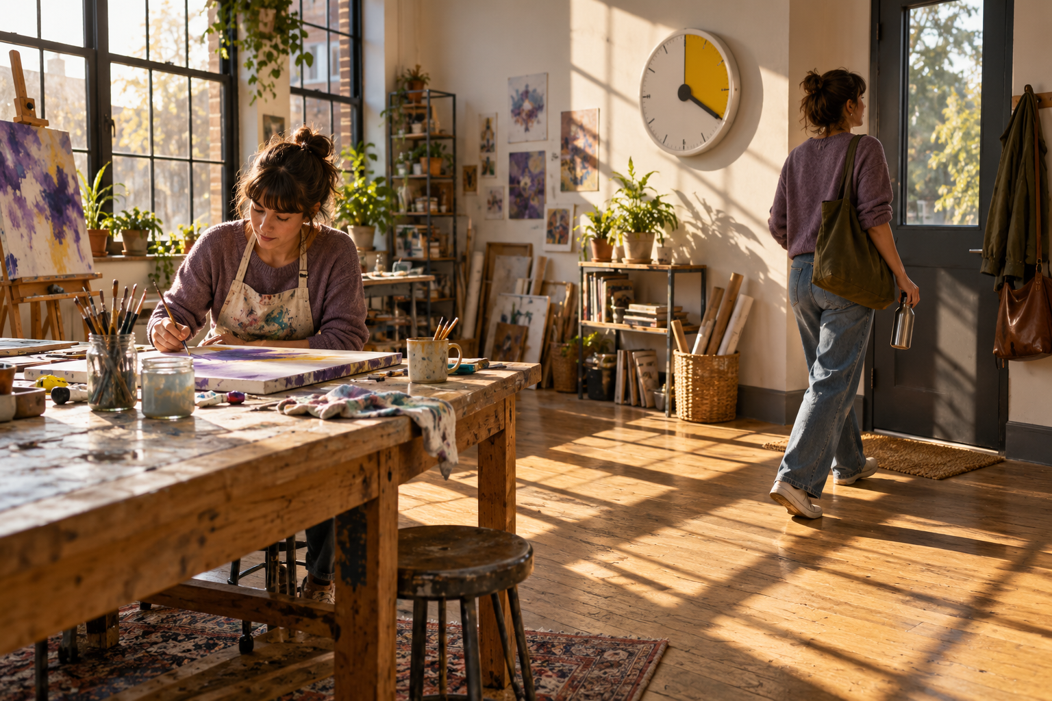 An art studio with a large visual timer and long afternoon shadows