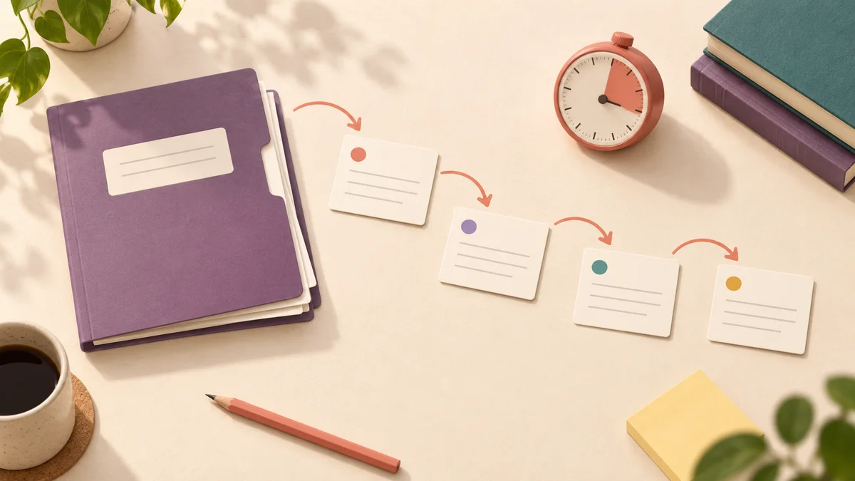 A large purple assignment folder divided into four small task cards beside a timer and books.