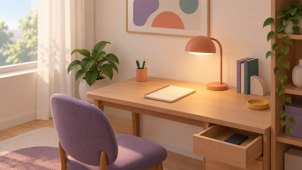A calm home study desk with one notebook under a lamp and a phone stored in an open drawer.