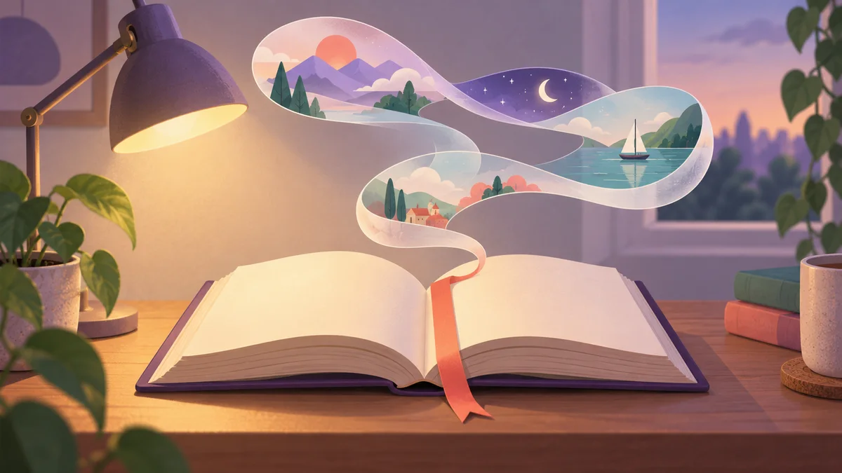 An open book beneath a lamp with a colorful ribbon of wandering scenes returning to the page.