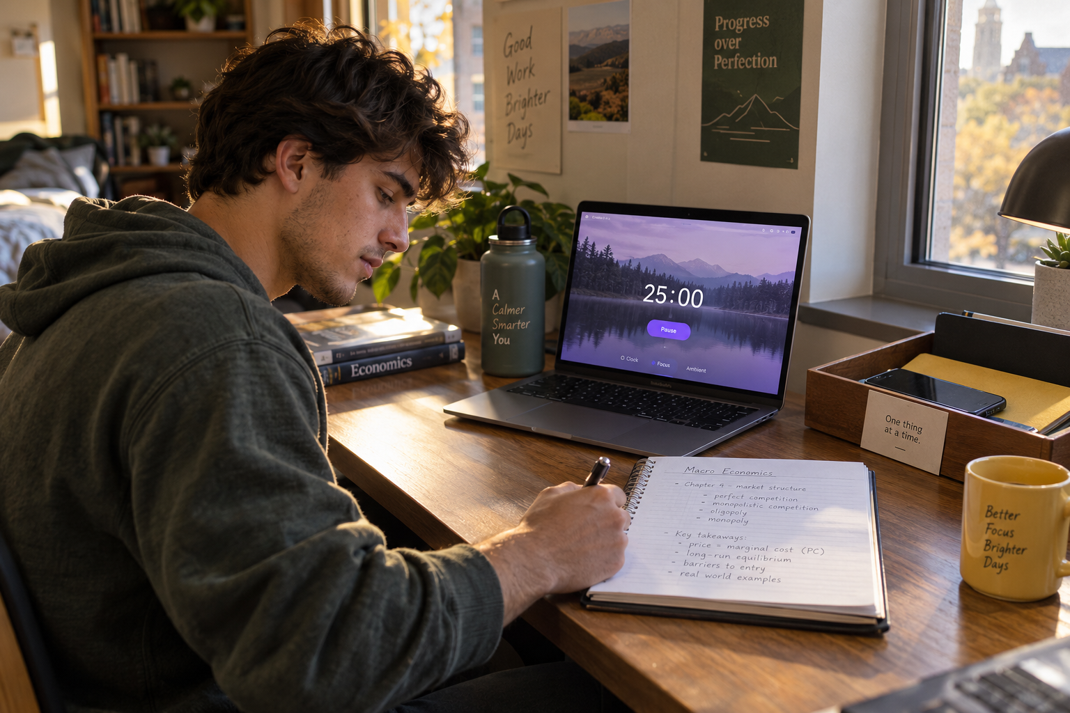 A young student using a focus timer while working on one notebook