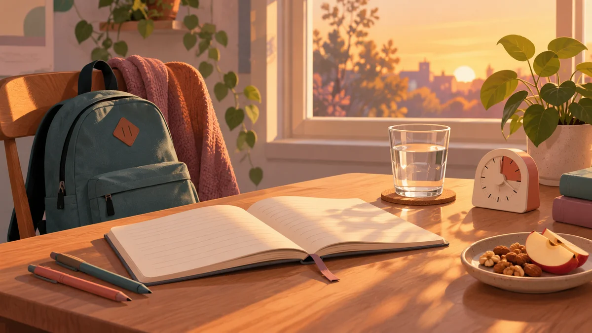 An after-school backpack beside an open notebook, water, a snack, and a small timer in warm afternoon light.