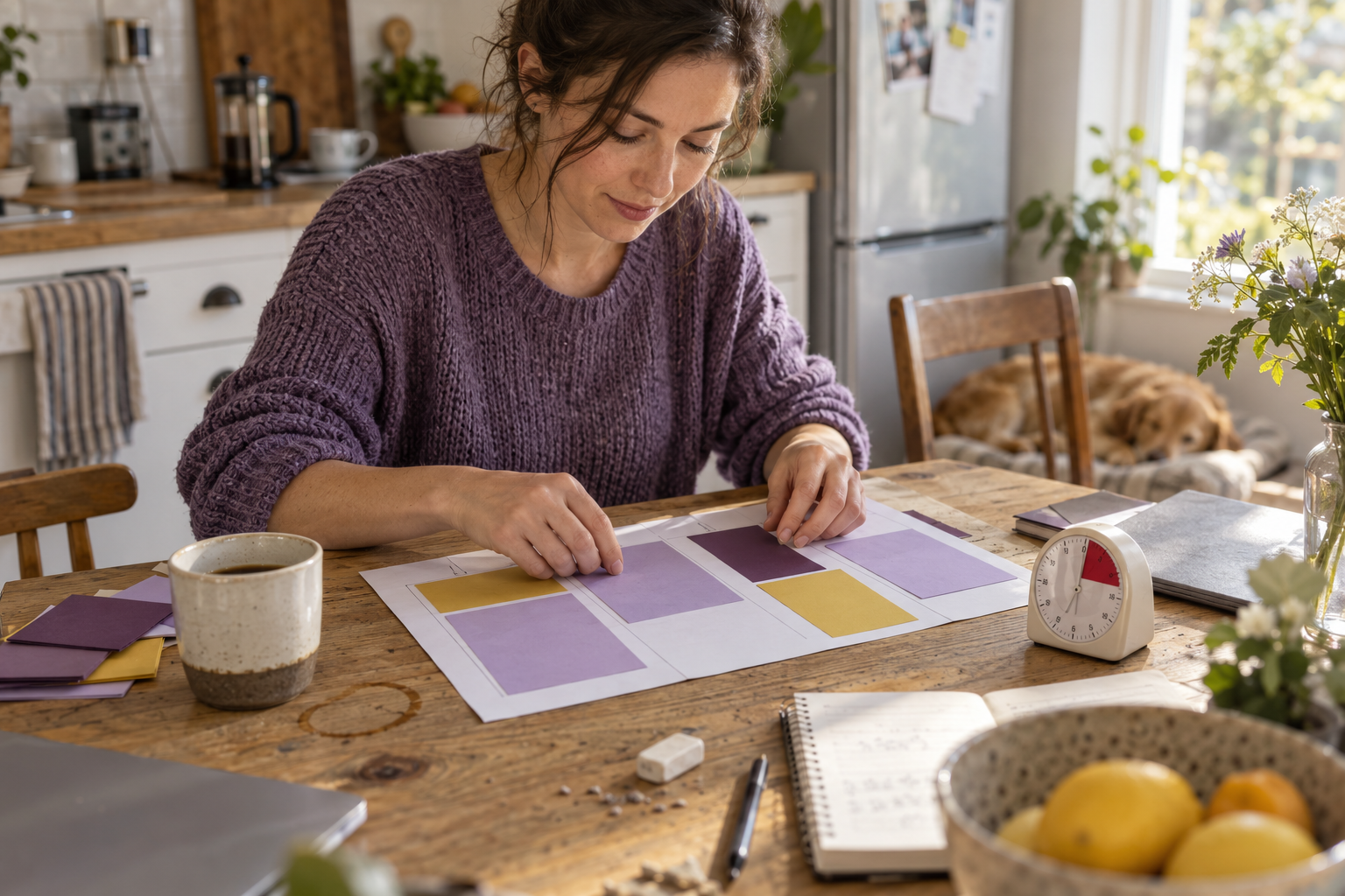 A person arranging colored time blocks beside a small kitchen timer