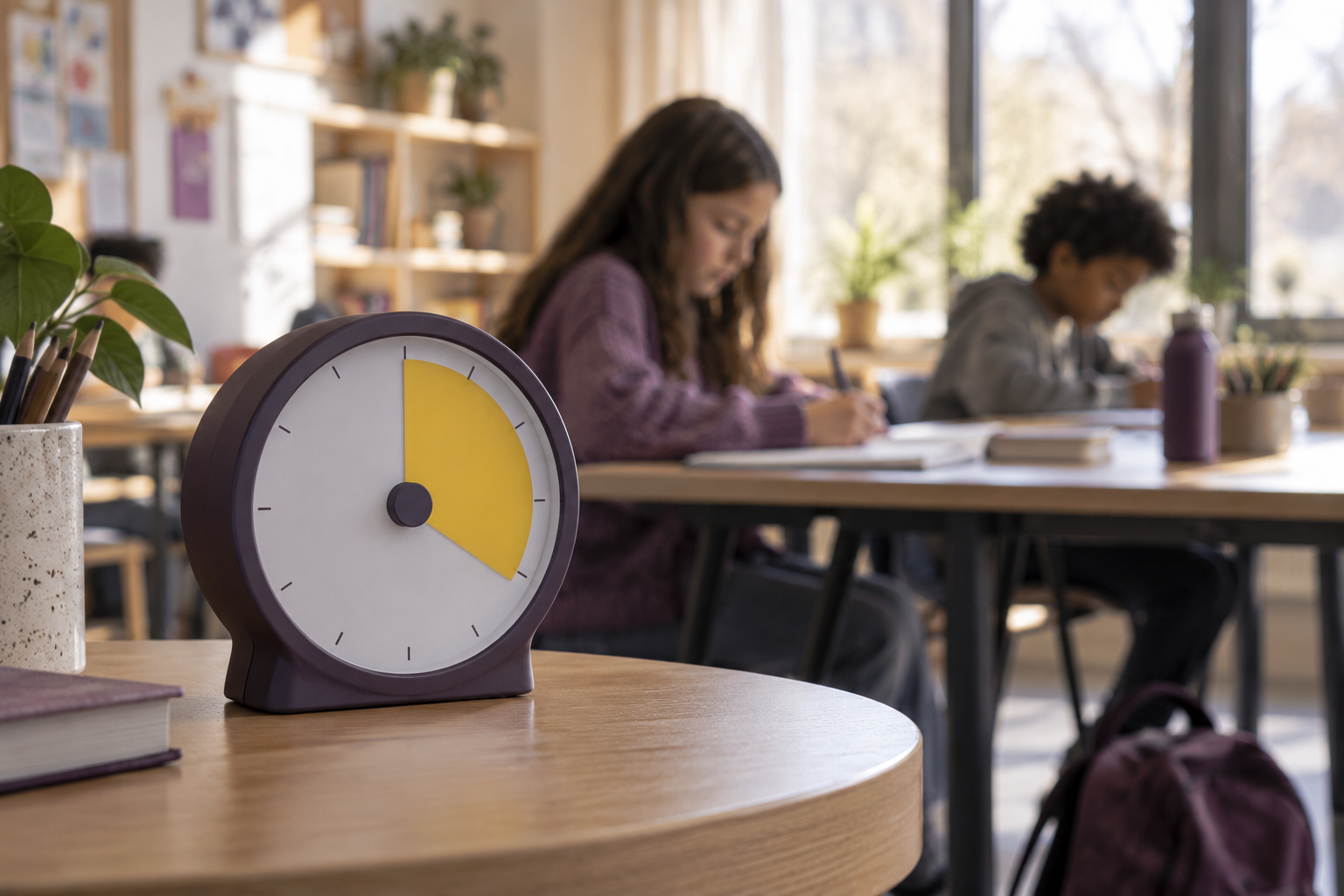 A visual countdown timer in a calm shared study room